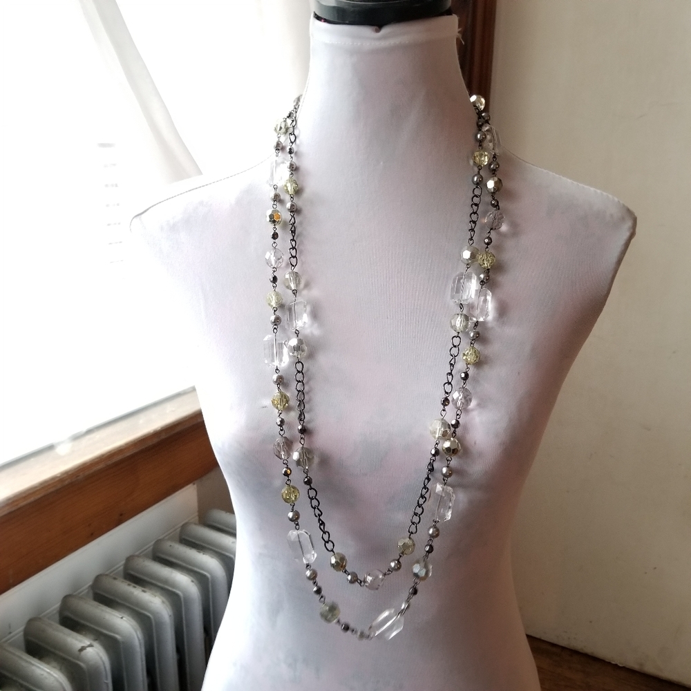 Long chunky necklace two strand dark silver tone